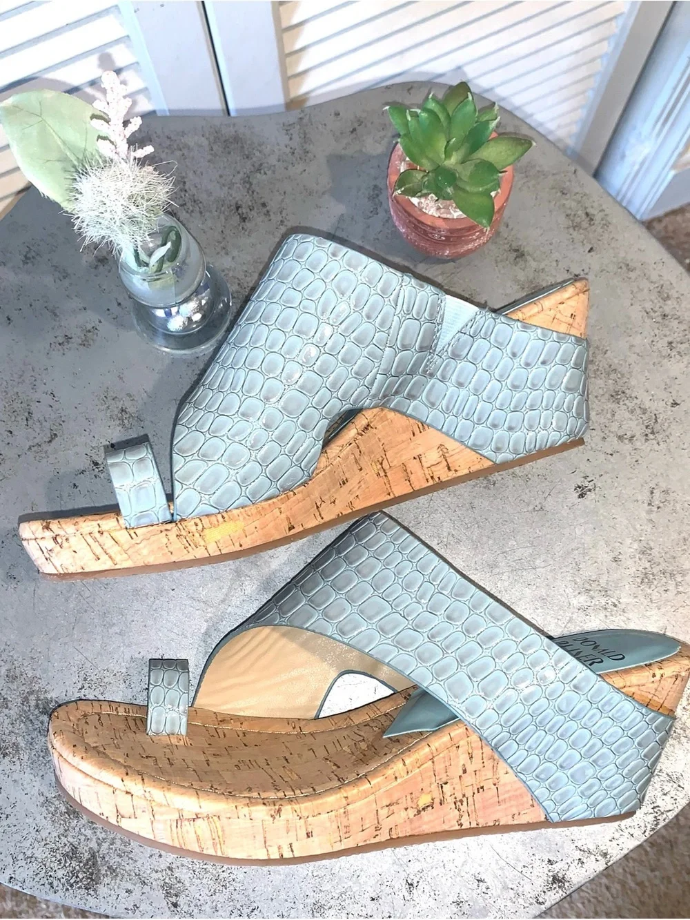 Donald J. Pliner Women's Light Blue Croc-Embossed Cork Wedge Sandal 8.5